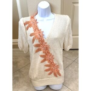 VTG Nannell Floral Beaded Embellished Hand Knit Sweater Ivory Size L Wool Blend